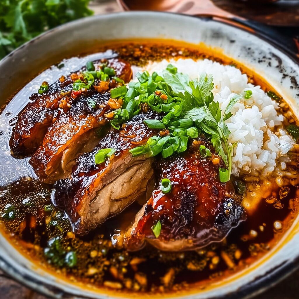 Caramelised Soy Chicken in Garlic Ginger Broth with Rice