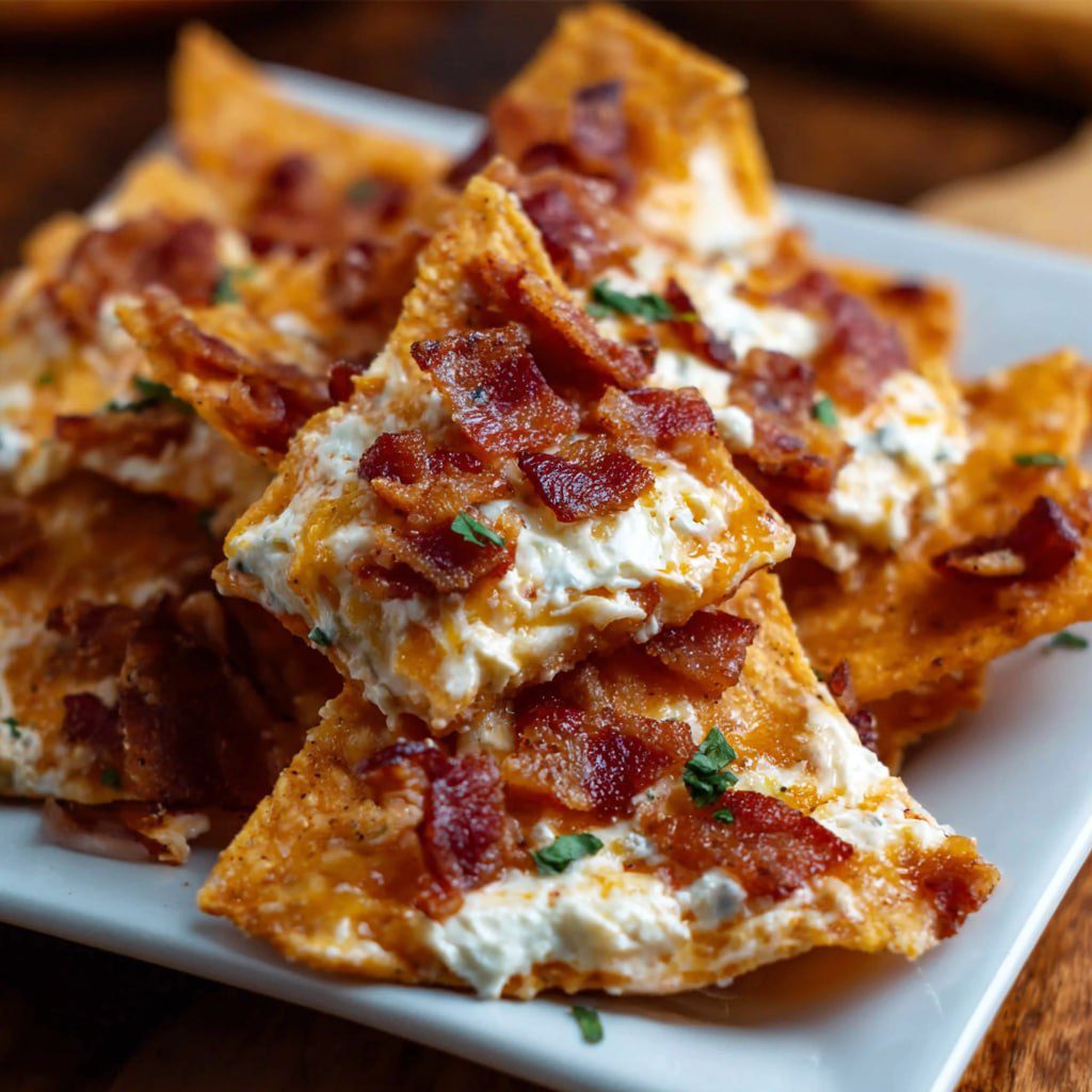 Bacon cream cheese Dorito bites on party platter kids love no-bake easy appetizer