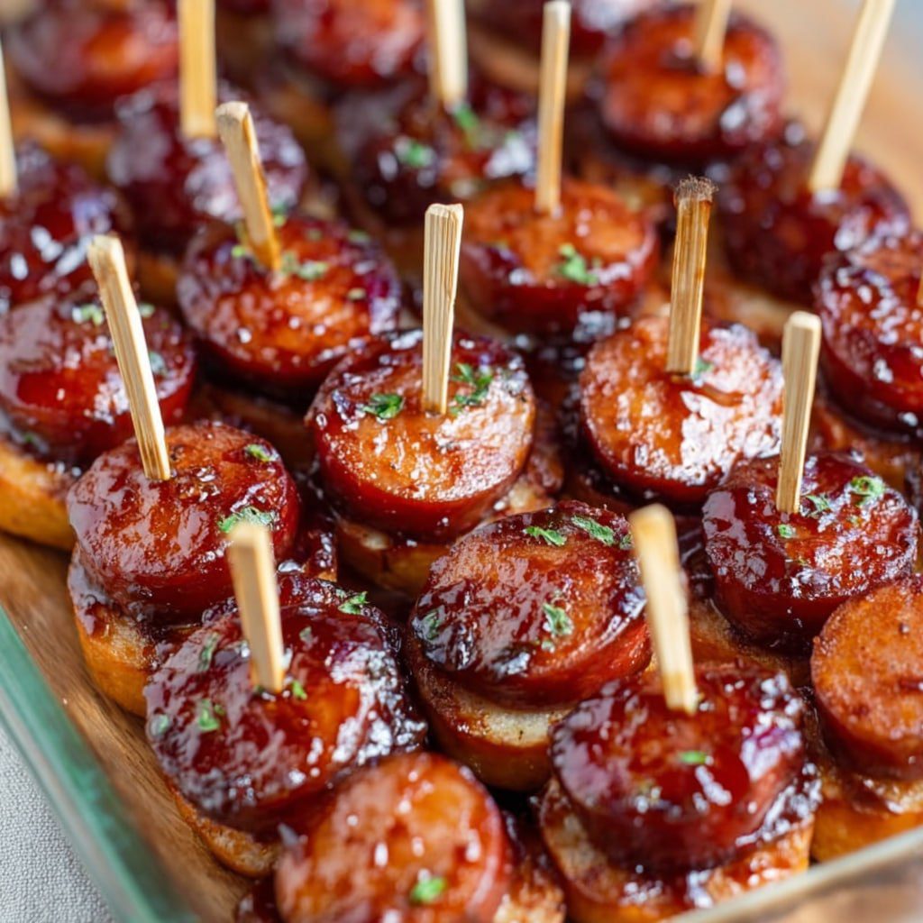 BBQ sausage bites kids favorite party snack sticky glazed easy appetizer recipe