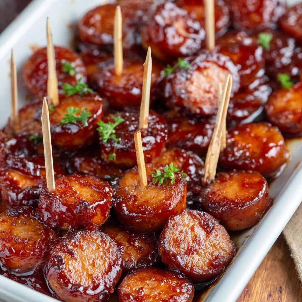 BBQ sausage bites sticky sweet glaze kids birthday party snack platter toothpicks
