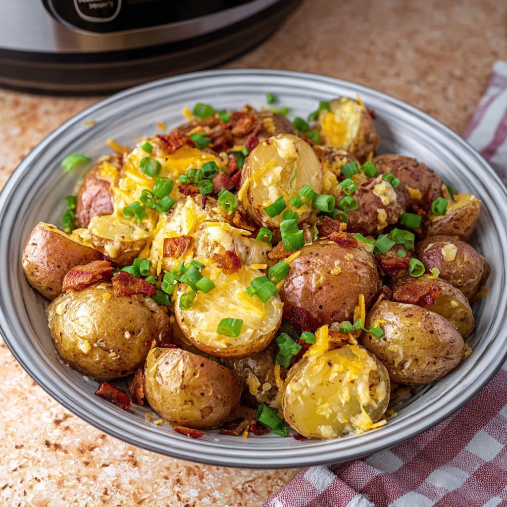 Cheesy ranch potatoes served at family dinner loaded with cheese bacon green onions