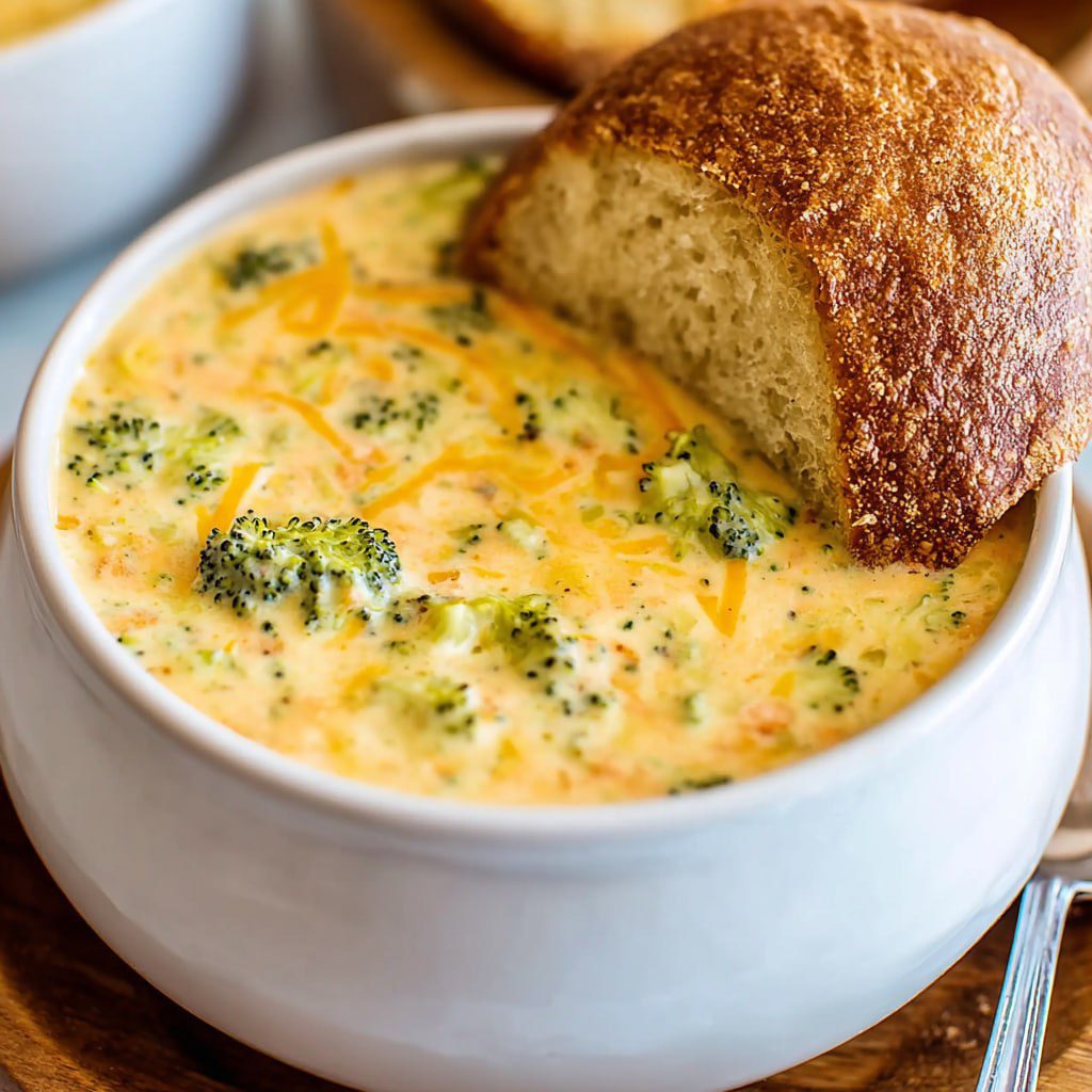 Family-favorite copycat Panera broccoli cheddar soup kids love served with crusty bread for dipping