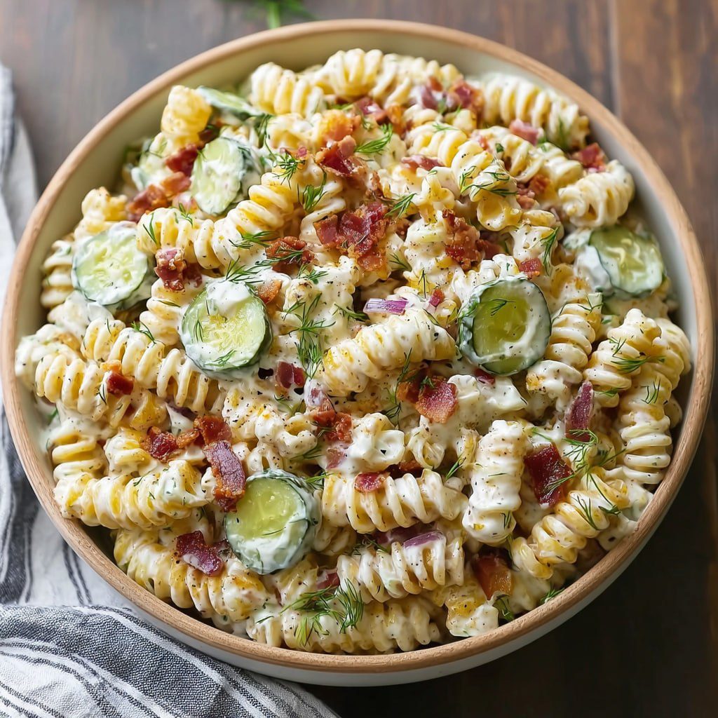 Family-favorite dill pickle bacon pasta salad perfect for summer BBQ potlucks and picnics