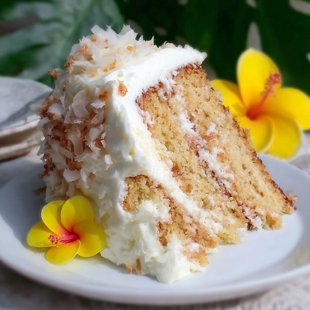Easy Hawaiian wedding cake for family celebrations with whipped cream cheese frosting and tropical pineapple coconut topping