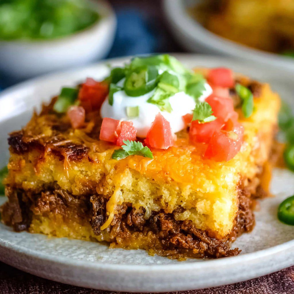 Easy tamale casserole weeknight dinner family Tex-Mex with cornbread topping