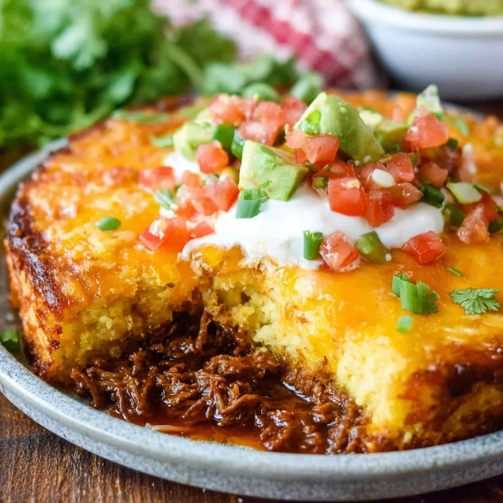 Tamale casserole family dinner slice with cornbread topping melted cheese and salsa